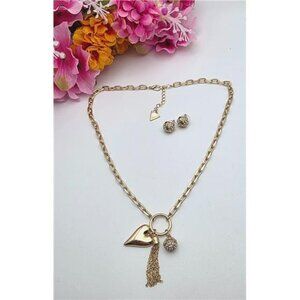 Guess Gold Tone Charm Necklace Set Heart Tassel Crystal Stud Earrings
